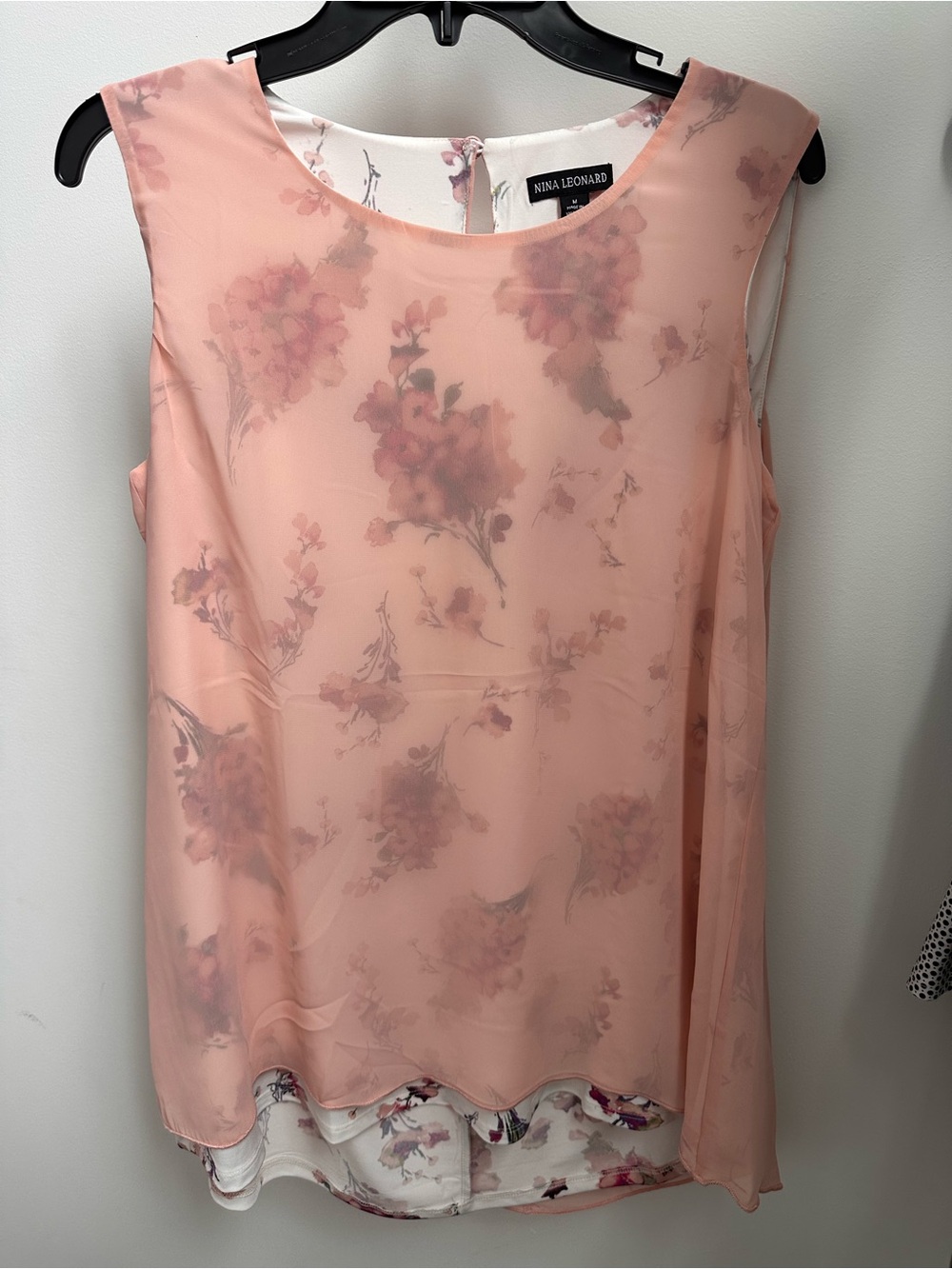 Nina Leonard Peach-Colored Sleeveless Floral Chiffon Tank Top layered sheer over